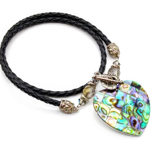 Vintage Abalone Tile Heart Pendant on Braided Leather and Crystal Necklace, Merm - Picture 2 of 5